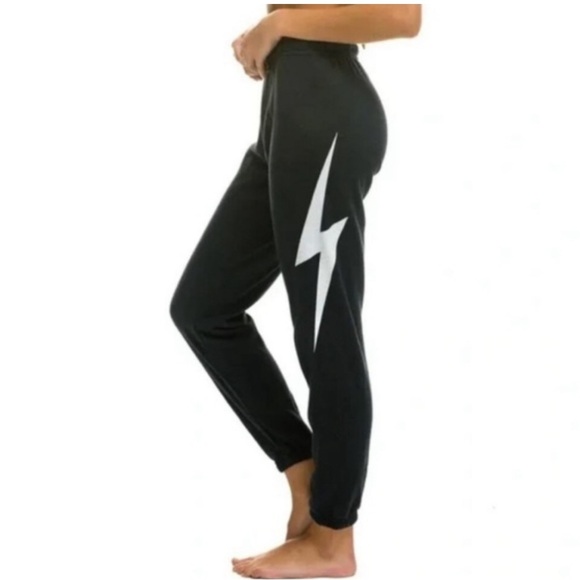 Aviator Nation Pants - Aviator Nation White Lightning BOLT Sweatpants Navy Blue Small